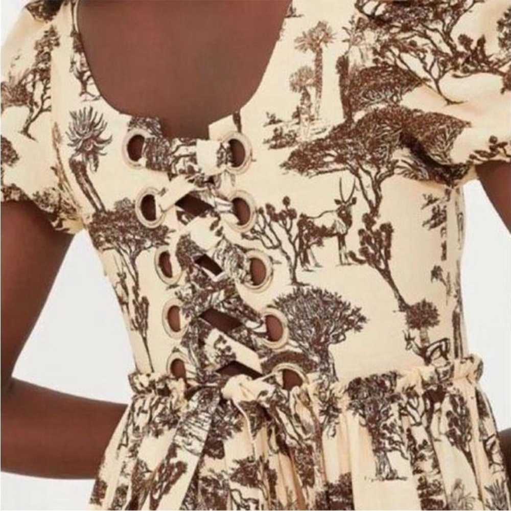 Tuckernuck Hyacinth House Brown Toile Camilla Corset Midi Dress Puff Sleeve Sz S - Picture 2 of 14